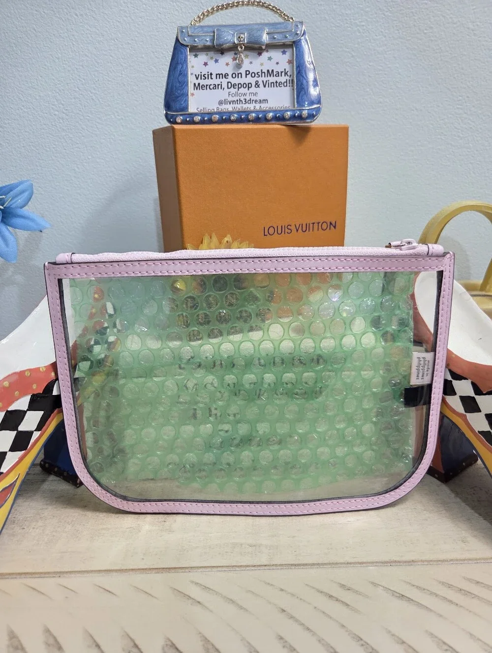 Kate Spade Jae Clear Slim Cosmetic Bag Pouch Serendipity Pink Leather Trim, NWOT